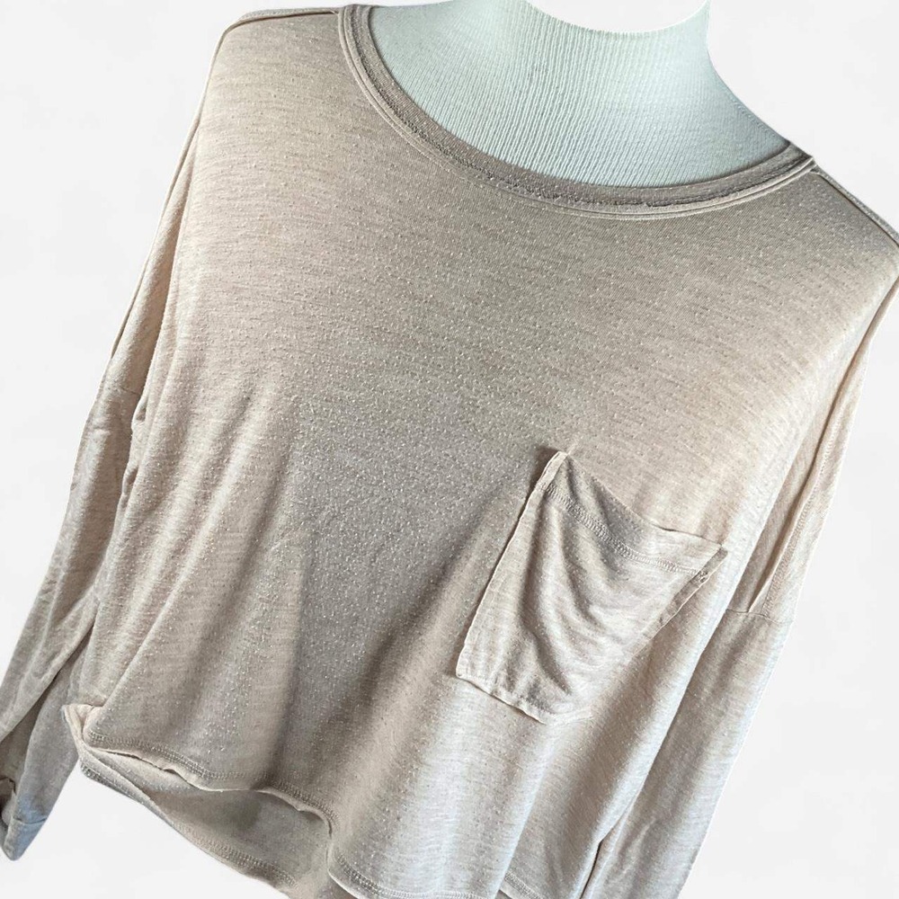 Womens Altar'd State Oversized Beige Stretch Pocket Top Blouse (Medium)